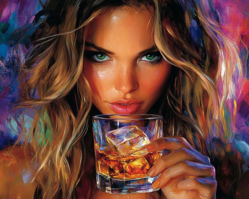 Femme visage beaute expression yeux levres cheveux verre boisson glace whisky cocktail realisme contemporain Une femme aux longs cheveux blonds ondulés tient un verre rempli d'un liquide couleur ambre et de glaçons. Elle a des yeux verts saisissants et une expression sérieuse. Ses lèvres sont peintes d'une couleur rouge profond, et elle porte un débardeur. L'arrière-plan derrière elle est un mélange vibrant de teintes violettes, bleues et roses, ajoutant une touche dynamique et artistique à la scène.