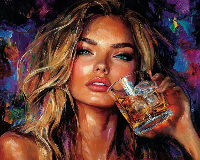Femme visage beaute expression yeux levres cheveux verre boisson whisky glace moderne mode luxe Le tableau représente une femme aux cheveux blonds longs et ondulés, tenant un verre rempli d'un liquide ambré, probablement du whisky, et un seul glaçon. Elle a des yeux verts saisissants, un léger sourire et porte du maquillage, y compris du rouge à lèvres. Son visage est éclairé par une source lumineuse, projetant des ombres qui ajoutent de la profondeur à ses traits. Le fond est un mélange vibrant de teintes violettes, bleues et roses, créant un arrière-plan dynamique et coloré. Le tableau est réalisé dans un style moderne et abstrait avec des coups de pinceau audacieux et un sens du mouvement.