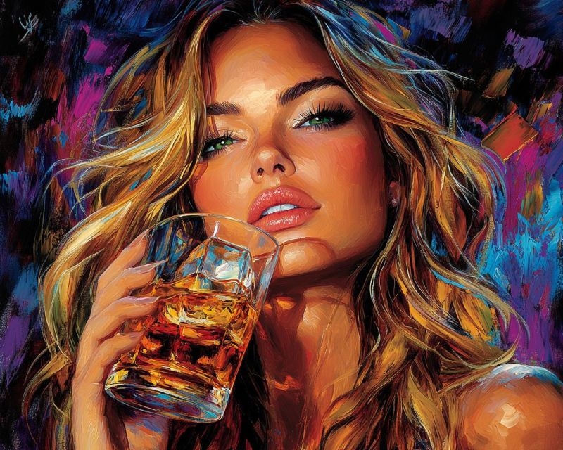Femme boisson verre whisky visage levres cheveux oeil cil sourcil oreille cou epaule main doigt ongle vernis Une femme aux longs cheveux blonds ondulés tient un verre rempli d'un liquide de couleur ambre, probablement du whisky. Elle a une expression sérieuse et regarde directement la caméra. Ses lèvres sont peintes d'une couleur rouge profond, et elle a des yeux verts avec un trait d'eyeliner épais. L'arrière-plan derrière elle est un mélange vibrant de couleurs violettes, bleues et rouges, créant un effet dynamique et quelque peu abstrait. Le style de peinture est moderne et expressif, avec des coups de pinceau audacieux et un accent sur la couleur et la texture.