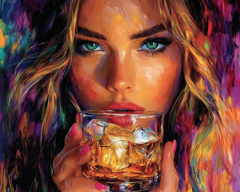 Femme visage yeux levres cheveux lunettes boisson glace beaute mode luxe elegance moderne contemporain Une femme aux longs cheveux blonds ondulés tient un verre rempli d'un liquide couleur ambre et de glaçons. Elle a des yeux verts saisissants et porte du maquillage, y compris de l'eyeliner et du rouge à lèvres. Son visage est légèrement tourné de côté, et elle semble regarder quelque chose avec une expression contemplative. L'arrière-plan derrière elle est un mélange vibrant de couleurs, y compris des violets, des bleus et des jaunes, créant une atmosphère dynamique et artistique.