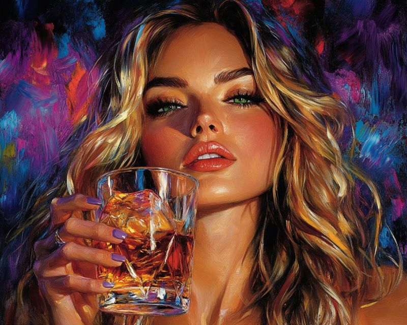 Femme visage beaute boisson verre whisky glace cocktail mode cheveux ongle vernis design Une femme aux longs cheveux blonds ondulés tient un verre rempli d'un liquide de couleur ambre, probablement du whisky, avec un seul glaçon. Elle a des yeux verts saisissants, un sourcil bien défini et des lèvres pleines peintes d'une couleur rouge profond. Son visage est légèrement tourné, et elle regarde de côté avec une expression contemplative. L'arrière-plan derrière elle est un mélange vibrant de teintes violettes, bleues et rouges, peint dans un style quelque peu abstrait.