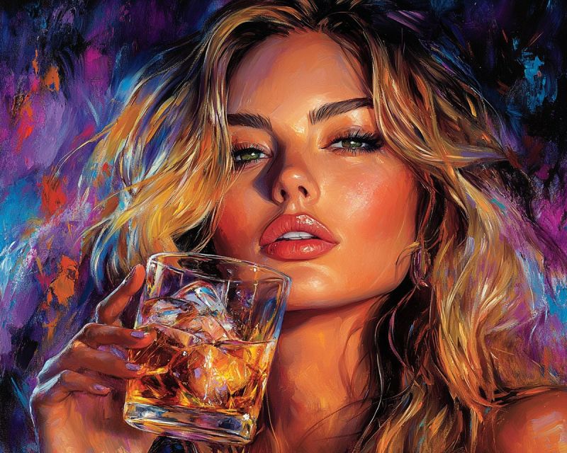 Femme verre boisson whisky glace visage levres cheveux mode beaute expression humeur emotion ombre Une femme aux longs cheveux blonds ondulés tient un verre rempli d'un liquide ambré, probablement du whisky, et de glaçons. Elle a une expression sérieuse et regarde directement la caméra. Ses lèvres sont peintes d'une couleur rouge profond, et elle a un léger sourire. Ses yeux sont verts et légèrement arqués. Elle porte un débardeur et a un tatouage sur son épaule droite. Le fond est un mélange de couleurs violettes, bleues et orange.