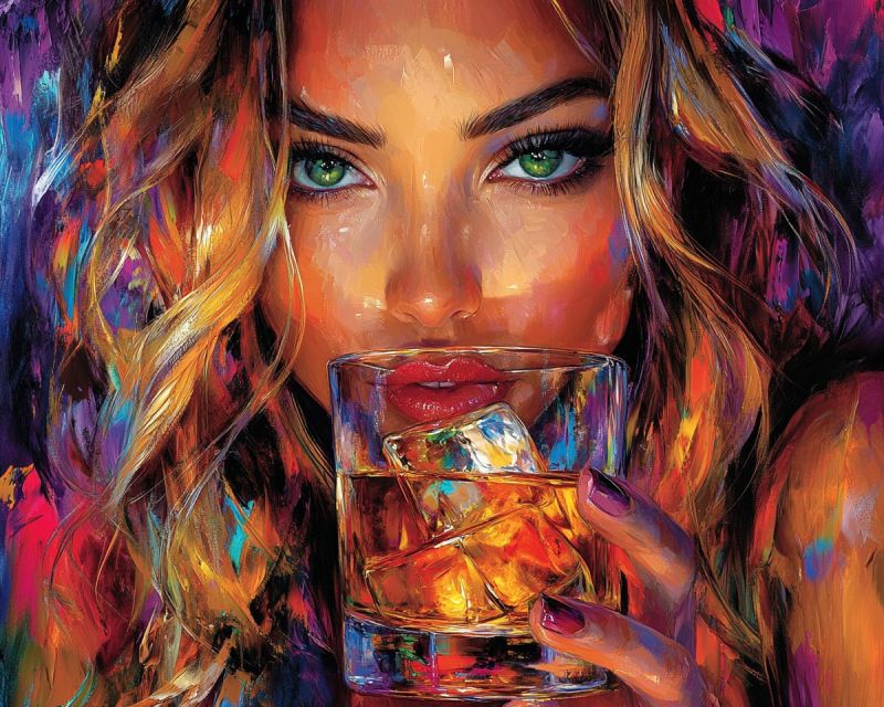 Femme visage beaute expression yeux levres cheveux lunettes boisson glace whisky moderne mode glamour luxe Le tableau représente une femme aux longs cheveux blonds ondulés, tenant un verre rempli d'un liquide sombre, probablement du whisky, et de glaçons. Son visage est près du verre, et elle a des yeux verts saisissants, des lèvres rouges et un léger sourire. Le fond est un mélange vibrant de teintes violettes, bleues et orange, avec des coups de pinceau abstraits et audacieux. Le visage et les cheveux de la femme sont peints avec un haut niveau de détail, tandis que le fond est plus abstrait et moins défini.