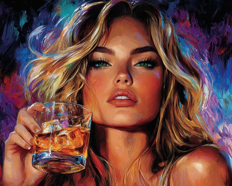 Femme verre boisson whisky glace visage levres cheveux oeil sourcil cil oreille cou epaule main doigt ongle vernis Une femme aux cheveux blonds ondulés tient un verre de whisky avec des glaçons. Elle a une expression sérieuse et regarde directement la caméra. Ses lèvres sont légèrement ouvertes, et elle a un grain de beauté sur sa joue droite. Elle porte un débardeur. L'arrière-plan est un mélange de couleurs violet, bleu et noir.
