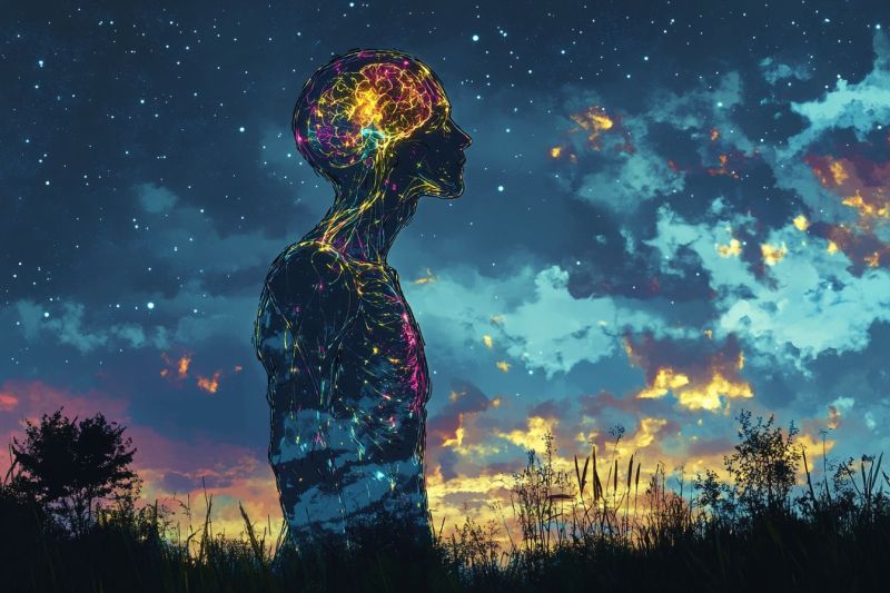 Cyberpunk science fiction avatar futuriste espace etoiles neonique humaine formes abstraites ciel L'image présente un ciel nocturne éclatant et dynamique avec de nombreuses étoiles qui scintillent. Dans le plan de fond, se trouve une silhouette d'une personne debout seule dans un champ ouvert, regardant à l'horizon. Le fond est éclairé par des lumières colorées qui donnent un ton futuriste ou cosmique. L'image entière transmet un sentiment d'isolement et de réflexion.