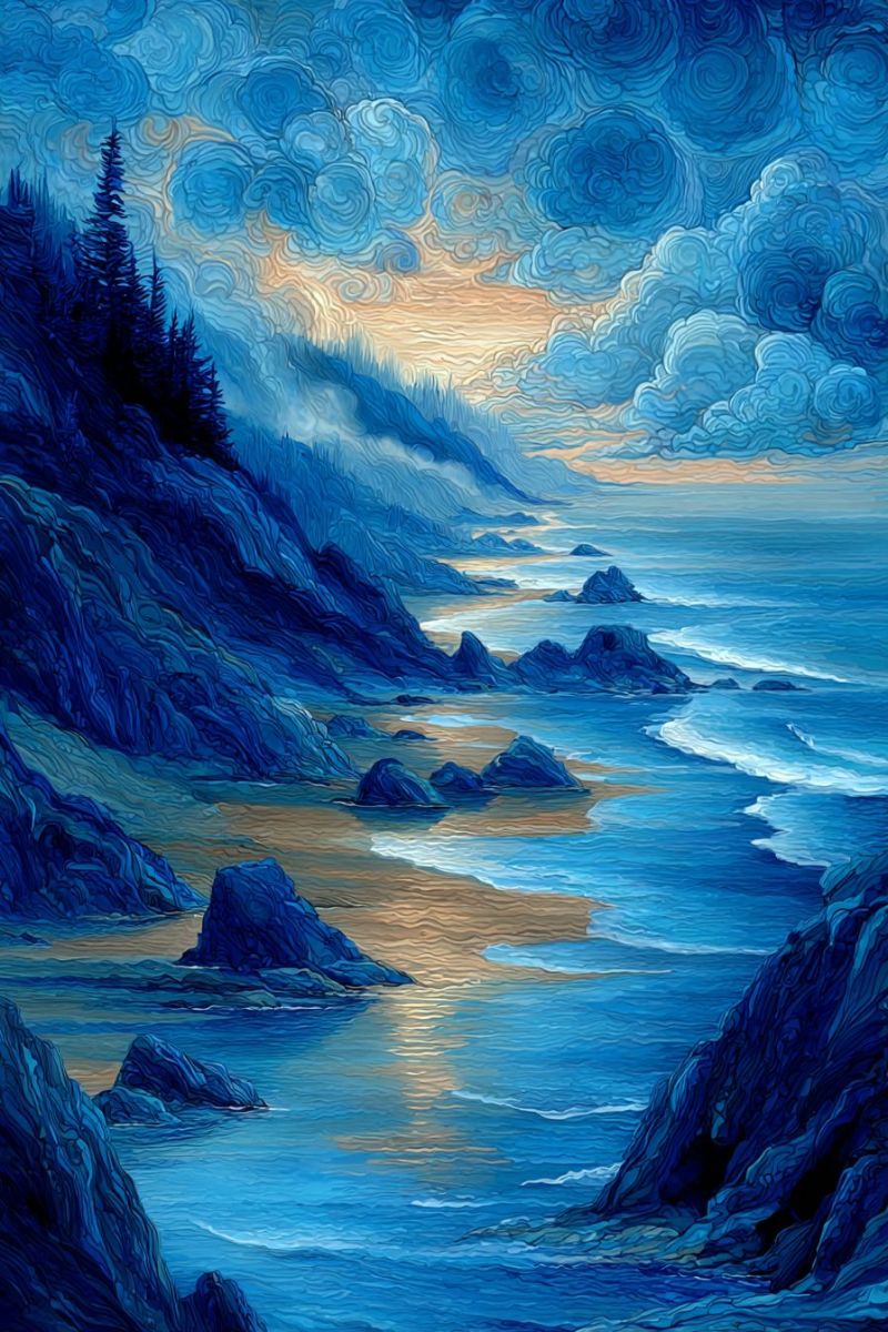 Marin ocean rochers falaises montagnes arbres nuages ciel coucher soleil reflet eau vagues rivage nature beaute La peinture représente un paysage côtier avec un ciel dramatique. L'avant-plan présente un rivage rocheux avec des rochers éparpillés et une plage de sable. L'océan est calme, avec de douces vagues léchant le rivage. Le ciel est un mélange de bleus profonds et de nuages tourbillonnants, passant à une teinte chaude orange et jaune près de l'horizon, suggérant soit un coucher de soleil soit un lever de soleil. En arrière-plan, il y a des falaises escarpées et une ligne d'arbres persistants, ajoutant à la beauté naturelle de la scène. L'ambiance générale est sereine et majestueuse, capturant l'essence d'un paysage côtier à un moment tranquille.
