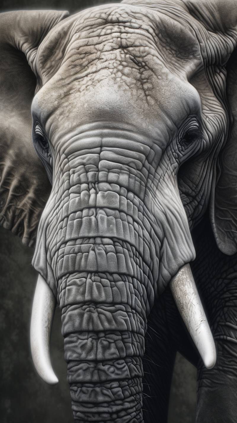 Elephant gray african big trunk mouth grey animal large tusk wildlife ivory This image features a large elephant with prominent tusks and a long, wrinkled trunk. The elephant is looking directly forward, giving an impression of calmness or attentiveness. Its skin texture is detailed, showing the natural gray color and the characteristic pattern of lines on its body. The background is dark and indistinct, making the elephant the clear focal point of the image.