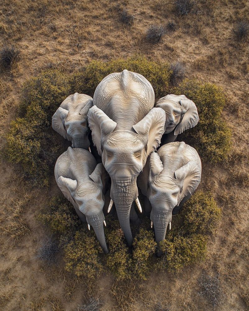Elephant faune nature animal mammifere troupeau groupe defense oreille trompe herbe sec sol aerien sauvage niveau Une vue aérienne d'un groupe d'éléphants en formation circulaire. Les éléphants sont gris avec une peau ridée, et ils se tiennent en cercle avec leurs têtes tournées vers l'extérieur. Le plus grand éléphant est au centre, le dos tourné vers la caméra. Les éléphants sont entourés par une zone de végétation verte dans un paysage sec et aride.