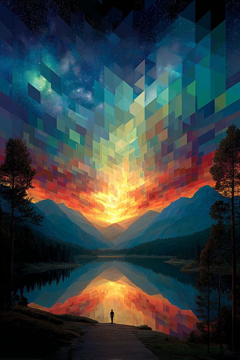 Magnifique concept contemporain design geometrique moderne mosaique nature pixel reflexion coucher soleil Au premier plan, une personne se tient sur un chemin menant à un lac serein. Le lac est calme, reflétant les couleurs vives du ciel au-dessus. Le ciel est un mosaic de formes géométriques de diverses couleurs, incluant des bleus, verts, jaunes et rouges, créant un effet surréaliste et abstrait. Les montagnes en arrière-plan sont en silhouette contre le ciel coloré, ajoutant de la profondeur à la scène. Les arbres de chaque côté du chemin sont grands et dénudés, contribuant à l'atmosphère tranquille. La scène globale est un mélange de beauté naturelle et d'abstraction artistique.