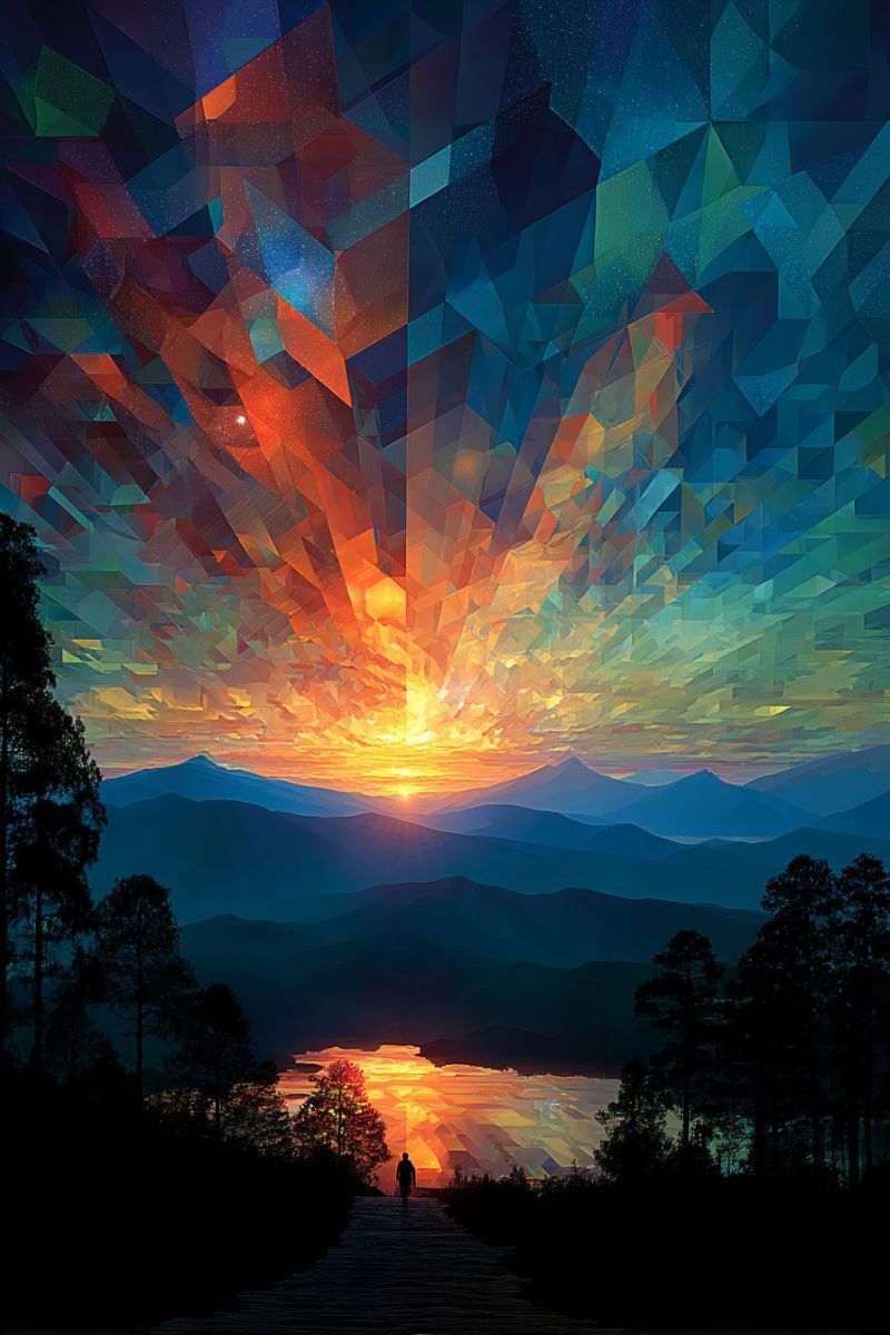 Coucher soleil montagnes lac arbres ciel geometrique nature reflet eau chemin marche soiree Paysage surréaliste avec un coucher de soleil vibrant. Le ciel est un mélange de bleus profonds, d'oranges et de jaunes, avec des formes géométriques ajoutant une touche moderne et abstraite. Des montagnes sont visibles en arrière-plan, leurs sommets en silhouette contre le ciel coloré. Un lac serein reflète les teintes du coucher de soleil, et une personne se tient sur un chemin menant vers l'eau. Des arbres bordent le chemin, leurs silhouettes sombres contrastant avec le ciel lumineux. La scène globale est à la fois futuriste et paisible, avec un sentiment de tranquillité et d'émerveillement.