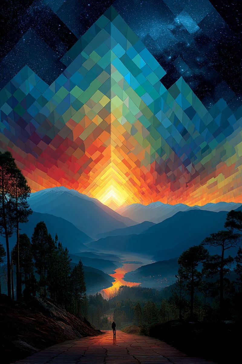 Concept contemporain design geometrique imagination moderne montagne nuit pyramide reflexion ciel eau Structure géométrique en forme de pyramide composée de carrés multicolores vibrants, positionnée au-dessus d'un paysage montagneux. Les couleurs de la pyramide passent du bleu au sommet au jaune et à l'orange à la base, créant un effet semblable à un coucher de soleil. Sous la pyramide, il y a plusieurs montagnes avec un lac serein niché entre elles, reflétant les couleurs du coucher de soleil. Le ciel est sombre et parsemé d'étoiles, ajoutant à l'atmosphère mystique. Une personne se tient sur un chemin menant vers les montagnes, avec des pins bordant le chemin des deux côtés. La scène globale est un mélange de beauté naturelle et d'art géométrique abstrait.