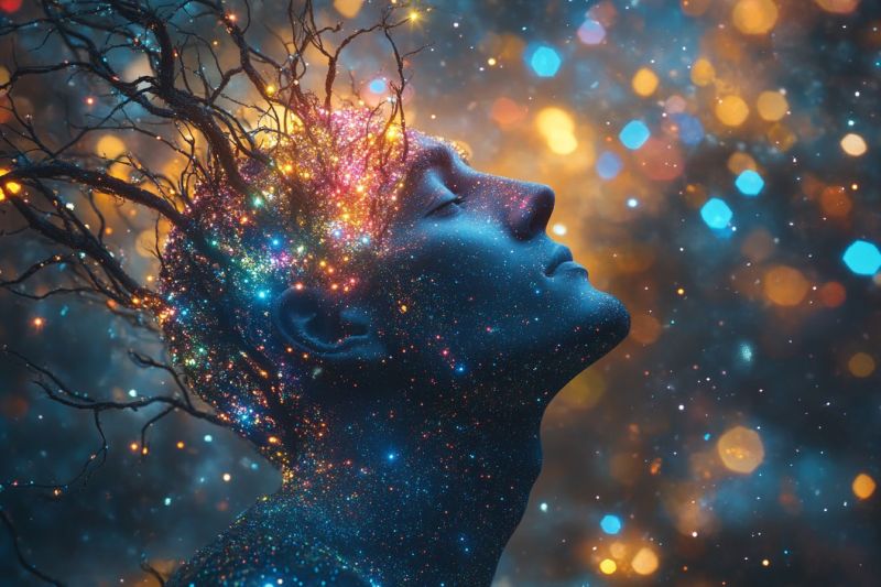 Fantasy cyberpunk meditation conscience mentale spirituel ambiance cosmique science fiction exploration psychologique intel Figure humaine stylisée avec une tête qui ressemble à la structure d'une arbre. La figure regarde vers le haut vers le centre, où des étoiles et galaxies colorées brillent dans le ciel. Le fond est composé de multiples couleurs, notamment des bleus, des pourpre, jaunes et blancs, qui contribuent à une atmosphère magique ou cosmique. La figure n'a pas de visage visible, mais cela lui donne l'air de fermer les yeux, ce qui laisserait penser qu'elle est dans un état d'étonnement ou de réflexion profonde.