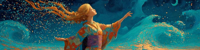Femme cheveux robe eau ciel nuit lune vagues ocean fantaisie etincelles lueur reveur magique Une femme aux longs cheveux blonds ondulés se tient au bord d'un vaste océan sous un ciel nocturne. Elle est vêtue d'un kimono multicolore vibrant orné de motifs complexes. Ses cheveux semblent pris dans une douce brise, avec des mèches flottant autour d'elle. Elle lève les yeux vers le ciel, les bras étendus, comme si elle voulait atteindre les étoiles. Les vagues de l'océan derrière elle sont grandes et dramatiques, avec un mélange de teintes bleues et vertes. Le ciel est d'un bleu profond, parsemé d'étoiles et d'une lune croissante, ajoutant à l'atmosphère sereine et mystique de la scène.