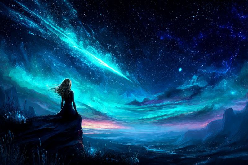 Nuit ciel etoile nuage montagne horizon vallee riviere eau reflet obscurite atmosphere comete fantaisie imagination Une femme aux cheveux longs et flottants est assise sur une falaise rocheuse, contemplant le ciel nocturne. Le ciel est d'un bleu profond, parsemé d'étoiles et illuminé par une comète brillante et striée. La queue de la comète s'étend à travers le ciel, ajoutant un sentiment de mouvement et d'émerveillement. L'arrière-plan présente un mélange de bleus sombres et clairs, avec des touches de violet et de rose, créant une atmosphère onirique et éthérée. L'horizon est visible, montrant une vaste étendue de montagnes et de vallées, baignées dans la douce lueur de la lumière de la comète.