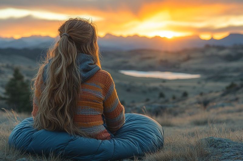 Femme dos montagne ciel soleil coucher herbe colline eau lac reflet nuage horizon arbre nature soiree Une femme aux longs cheveux blonds est assise sur un coussin bleu dans un champ d'herbe. Elle porte un pull coloré avec une capuche et regarde vers le coucher du soleil. Le soleil se couche derrière une chaîne de montagnes, projetant une lueur chaude sur le paysage. Au loin, il y a un petit lac reflétant les couleurs du coucher de soleil. Le ciel est rempli de douces teintes chaudes d'orange et de rose.