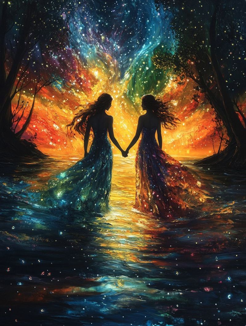 Mystical painting two women long flowing dresses accurate picture amazing demonstrating the mischiefs wild of human activities on la mystical painting two women long flowing dresses