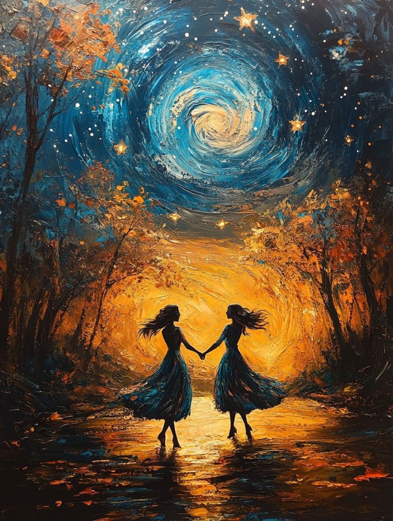 Mystical painting two women long flowing dresses accurate picture amazing demonstrating the mischiefs wild of human activities on la mystical painting two women long flowing dresses