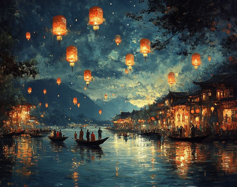 Painting chinese lanterns floating river accurate picture amazing demonstrating the mischiefs wild of human activities on la painting chinese lanterns floating river