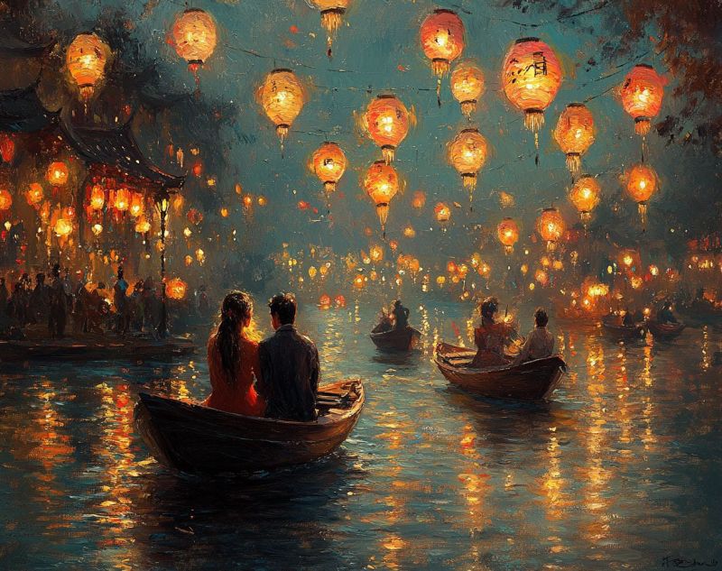 Painting chinese lanterns floating river w accurate picture amazing demonstrating the mischiefs wild of human activities on la painting chinese lanterns floating river w