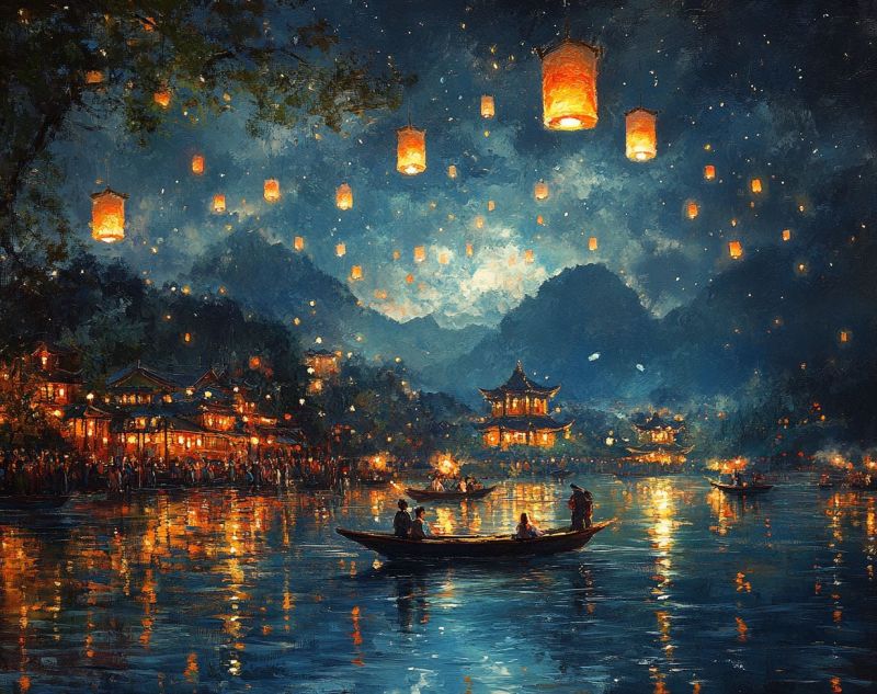 Painting chinese lanterns floating river w accurate picture amazing demonstrating the mischiefs wild of human activities on la painting chinese lanterns floating river w