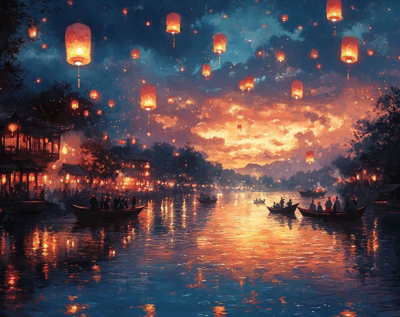 Painting chinese lanterns floating river w accurate picture amazing demonstrating the mischiefs wild of human activities on la painting chinese lanterns floating river w