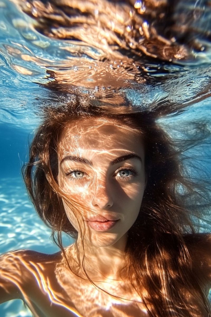 Sous marine femme piscine rapproche photographicie eau submerge beaute visage yeux diriges vers haut maillot bain Sous marine femme piscine rapproche photographicie eau submerge beaute visage yeux diriges vers haut maillot bain