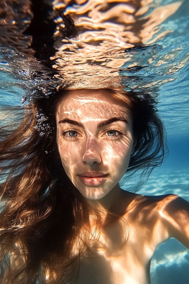 Femme sous marine nage plongee plongeon snorkeur ocean piscine visage eau reflet soleil yeux ombries claire camera submergee eclairage apparat Femme sous marine nage plongee plongeon snorkeur ocean piscine visage eau reflet soleil yeux ombries claire camera submergee eclairage apparat