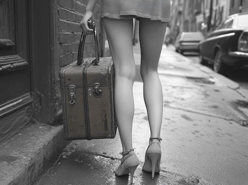 Dernieres bagages rue randonneur trottoir urbain environnement sac main chaine valise cuir vintage ville randonneuse feminine Dans l'image, il y a une personne debout sur un trottoir. L'individu tient un sac vintage à la main gauche. Il porte des shorts et des sandales et on peut voir une tatie dessinée visible sur l'un de ses jambes. La personne semble se tenir face à l'appareil photo, nous donnant une vue de son dos. Le fond présente une scène urbaine avec un mur en briques et un véhicule parké à proximité. Le sol montre des marques d'eau fraîche ou de déversement, visible dans les zones humides. Il n'y a pas de textes ou de marques distinctives visibles dans l'image pour fournir plus de contexte ou de description.