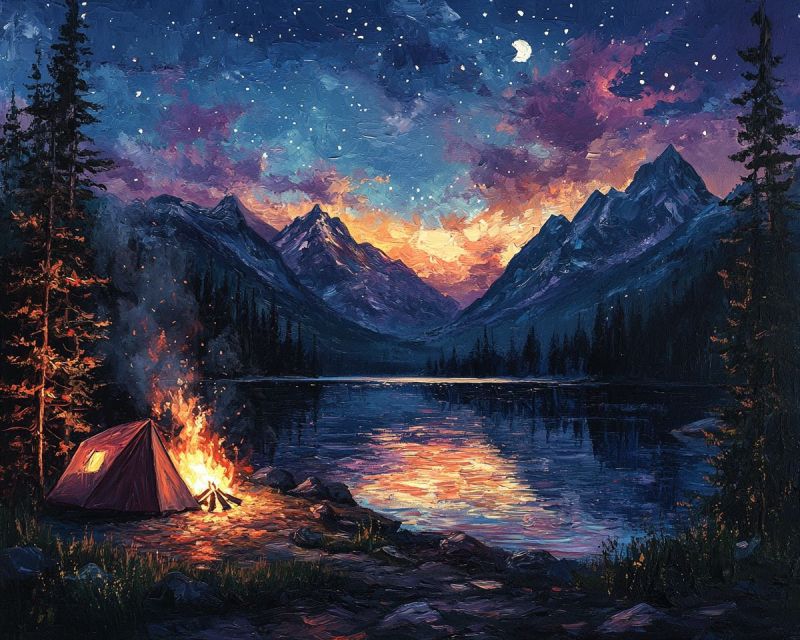 Acrylic painting night landscape campfire accurate picture amazing demonstrating the mischiefs wild of human activities on la acrylic painting night landscape campfire