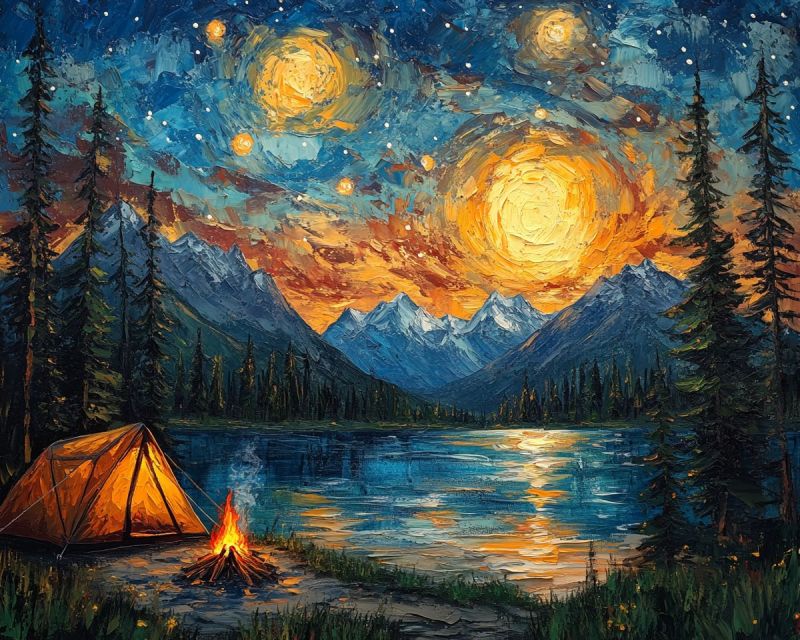 Acrylic painting night landscape campfire accurate picture amazing demonstrating the mischiefs wild of human activities on la acrylic painting night landscape campfire