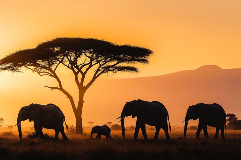 Elephants afrique safari coucher soleil troupeau faune sauvage nature animaux foret arbres plaine crepuscule horizon ciel brume nuages voyage aventure L'image semble être une œuvre d'art ou illustration numérique représentant un scène paisible dans la nature. On peut détecter plusieurs éléments visibles : 1. Un groupe d'éléphants : Ce sont des mammifères grands avec la peau grise, des oreilles grandes et des troncs longs. Ils semblent se tenir près d'une body de eau, qui pourrait être un ruisseau ou une petite lac du à. Les éléphants varient en taille, ce qui suggère différentes âges au sein du groupe. 2. Réflexion sur l'eau : L'eau calme reflète le ciel et le paysage environnant, ajoutant de la profondeur et de la tranquillité à la scène. 3. Heure du jour : La lumière suggère qu'il soit soit le matin ou le soir, car les teintes dorées dans le ciel indiquent ces heures. 4. Flore : Il y a des arbres avec des feuilles vertes, ce qui pourrait indiquer un environnement de savane ou de forêt. 5. Ciel : Le ciel est rempli de nuages et présente une gradation de couleurs allant de bleu clair à la horizon jusqu'à des tons plus foncés près du sommet. Cela donne l'impression qu'il soit soit le lever du soleil ou le coucher du soleil. 6. Faune : Il y a également plusieurs oiseaux visibles dans le ciel, ajoutant à la sensibilité de faune dans ce habitat. 7. Paysage : Le paysage comporte des éléments aquatiques et terrestres, avec une mixture d'éléments de terre et d'eau. 8. Mammifères : En plus des éléphants, il y a également une représentation d'un hippopotame à l'arrière-plan, renforçant le thème de la faune dans cette œuvre. L'esthétique générale de l'image suggère qu'elle est conçue pour évoquer des sentiments de paix et de beauté naturelle, souvent associés aux environnements de safari ou aux documentaires sur la nature.