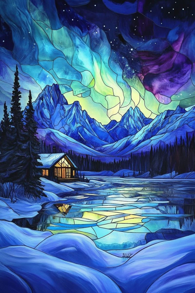 Imprimerie nature tableau montagne hiver alpin uvre bois cabine nuit ciel aurore polaire etoiles nord sauvages cadre neige recouverte vendre qualite Scénographie flottante avec de nombreux bâtiments. Chaque bâtiment présente une forme et une taille différentes, contribuant à la nature fantastique du tableau. Le centre : Il y a une petite image inscrite dans le coin supérieur droit qui semble faire partie de la composition plus large mais est mal identifiable en raison de sa taille. L'ensemble du style d'art est vif et coloré, avec un accent sur les éléments de fantasy tels que des structures flottantes et des personnages dotés de grandes ailes. Le style d'art est détaillé et réaliste dans le contexte d'un univers de fantasy.