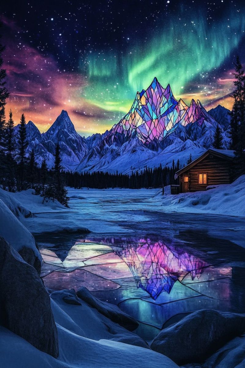 Polaires aurore borealis pittoresque region alpine prairie montagneuse environment froid ambiance coloree ciel astrophotographie phenomene cosmique L'image capture un paysage nocturne pittoresque dans une région montagneuse. Dans le premier plan, il y a un lac calme qui reflète les couleurs vives des feux du nord, dont la majeure partie est rose et pourpre. Sur l'autre rive du lac, il y a une cabane en bois avec un toit pentu. Au-dessus de cette cabane, le ciel est embrasé d'un spectacle coloré d'aurora, créant une scène merveilleuse qui danse sur l'immense épanse noir. Les couleurs des feux du nord varient de jaunes chauds à des bleus froids et pourpres, qui sont réfléchis dans l'eau au-dessous. À l'arrière-plan, les montagnes montrent leur sommet neigeux majestueux contre le ciel étoilé, dont leurs sommets sont parcourus d'une fine couche de neige. Le sommet le plus élevé se démarque par un motif complexe de lumière qui ressemble à une pyramide ou à un triangle, qui donne une lueur brillante à ses environs. L'image est riche en détails et en couleur, créant un sentiment de tranquillité et de beauté naturelle. La composition du photo place la cabane, le lac et les montagnes dans un équilibre harmonieux, tandis que les feux du nord ajoutent un élément dynamique à la scène.