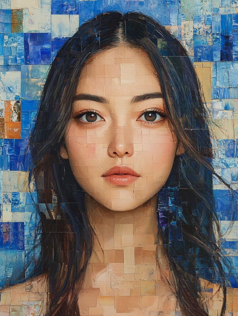 Femme visage mosaique expression beaute mode cheveux oeil levres joue oreille cou epaule Portrait d'une femme aux cheveux longs et foncés tombant sur ses épaules. Son visage est composé de petites tuiles carrées dans diverses nuances de bleu, brun et beige, créant un effet de mosaïque. Ses yeux sont en forme d'amande avec une touche de maquillage, et ses lèvres sont peintes dans un doux rose. Le fond derrière elle est une continuation du motif de mosaïque, se fondant parfaitement avec les tuiles de son visage. La composition globale donne un aspect moderne et artistique au portrait.
