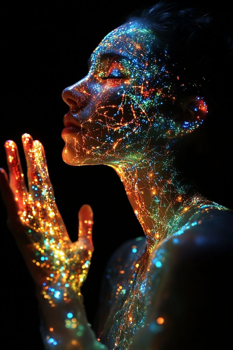 Visage humain lumineuse maquillage futuriste eclairage cyberpunk peau science fiction technique Personne avec son visage caché derrière une complexe combinaison de lumières colorées ressemblant à un interface numérique ou futuriste. Ce motif lumineux recouvre tout le visage, créant un dessin intricate qui émet une ambiance techno-savante. Le personnage regarde vers la caméra, suggérant engagement et expression malgré l'obstacle visuel. Il apparaît être dans une salle sombre avec un enfoque sur le sujet en raison de la contrastation entre son visage allumé et les ténèbres environnantes. L'image possède un niveau élevé de détail et une qualité surnaturelle en raison de la combinaison inhabituelle de traits humains avec éléments artificiels.