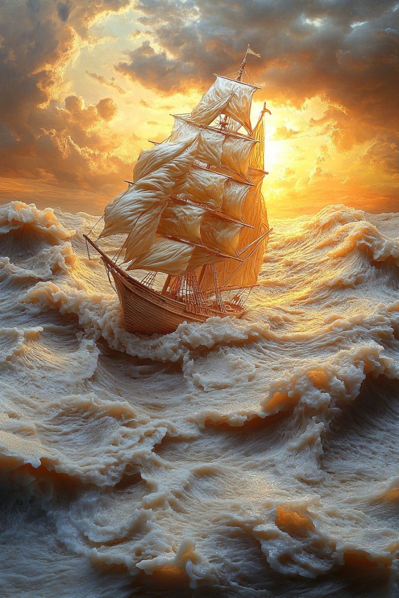 Vaisseau eau agitee maritime soleil ciel couvert mer bateau grand mat dramatique eclairage heure nautique Scène d'un navire de voile sur l'océan sous un ciel dramatique, probablement à l'aube ou au coucher du soleil. Le navire a des mâts hauts et plusieurs voiles, qui sont partiellement déployées avec une matériau en toile blanche. L'eau autour du navire apparaît bruyante et bouillonnante, ce qui suggère que le navire entre ou quitte le port, ou se trouve dans des vagues violents. Le ciel au-dessus est caractérisé par quelques nuages sombres, en contraste avec ce qui semble être des rayons de soleil filtrés à partir du côté gauche de l'image. Le soleil peut être vu comme un disque brillant et éclairant sur l'horizon. Les rayons de lumière créent une effets qui suggèrent une réflexion ou une phénomène réfléchi en dessous du navire, ce qui renforce encore le visual effect dramatique. La palette chromatique est chaude, avec les nuances du ciel qui passent des jaunes et des oranges près du soleil aux bleus froids à mesure qu'ils se rapprochent de l'horizon. L'édifice du navire apparaît solide et traditionnel, sans texte ou marque visible qui indique un type spécifique ou une nom particulier. Le style de l'image est réaliste avec une emphase sur les effets atmosphériques, en particulier la façon dont la lumière interagit avec l'eau et le ciel. Cette peinture capture un moment de transition, probablement symbolisant le début ou la fin d'une voile, avec les voiles du navire qui bouillonnent au vent comme il se déplace sur l'eau.