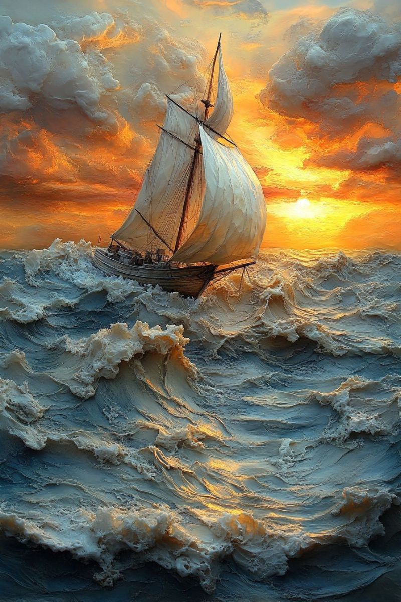 Mer maritime coucher soleil navire train faire voile romantique bateau vague nautique dramatique eau realiste voyage tem Scène marquée par une mer calme. Un seul bateau à voile est présent, son voile déployé, filant au travers des eaux boueuses de la mer. Le bateau semble se diriger vers l'horizon où le soleil se couche, émettant un éclairage chaud sur cette scène. L'océan autour du bateau est caractérisé par des vagues rugueuses, ce qui suggère que le vent pourrait être fort. Au-dessus, le ciel passe de la couleur orange vif du coucher de soleil à un bleu sombre à mesure qu'il s'étend vers l'infini. L'artiste adopte une style réaliste avec une attention particulière à la lumière naturelle et aux textures, notamment dans la représentation de l'eau et la manière dont elle reflète les couleurs du ciel. Il n'y a aucune inscription visible ni marque distinctive à l'intérieur de l'image.