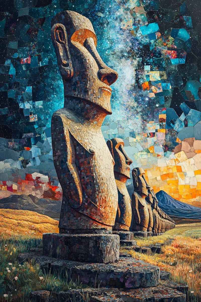 Bas relief trippy mosaic mostatues aligned on hill accurate picture amazing demonstrating the mischiefs wild of human activities on la bas relief trippy mosaic mostatues aligned on hill