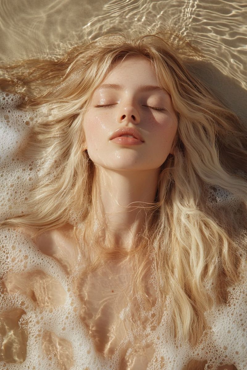 Femme visage cheveux eau beaute peau oeil cil sourcil levre bouche joue oreille cou epaule bras main doigt Une femme aux longs cheveux blonds ondulés est allongée dans un plan d'eau, peut-être un lac ou une mer. Elle regarde vers le haut les yeux fermés, et ses cheveux flottent autour de son visage. Elle a un léger sourire sur les lèvres, et sa peau semble briller. L'eau autour d'elle est claire, et il y a de petites bulles à la surface. Les cheveux et la peau de la femme sont illuminés par la lumière du soleil, créant une atmosphère chaleureuse et sereine.