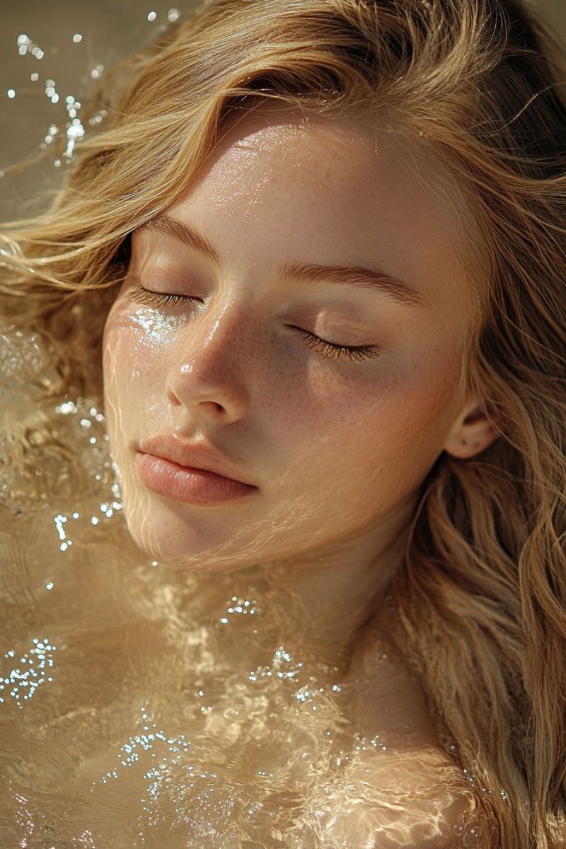Visage eau soleil mouille cheveux eclaboussure reflet oeil cil sourcil levre peau tache rousseur gouttelette gouttes Une femme aux longs cheveux blonds ondulés est immergée dans l'eau, peut-être dans un lac ou un océan. Elle regarde vers le haut les yeux fermés, son visage illuminé par la lumière du soleil. Ses cheveux sont mouillés et ont un aspect naturel et légèrement ébouriffé. L'eau autour d'elle est claire, et il y a de minuscules bulles et gouttelettes sur sa peau, ajoutant un sentiment de fraîcheur et de vitalité. La scène globale transmet un sentiment de tranquillité et de beauté naturelle.