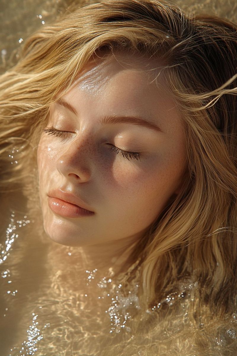 Visage eau soleil cheveux mouille rayon ensoleille jour temps ciel Une femme aux longs cheveux blonds ondulés flotte dans l'eau, peut-être dans un lac ou un océan. Elle regarde vers le haut les yeux fermés, et son visage est illuminé par la lumière du soleil. Ses cheveux sont mouillés et ont un aspect naturel et ébouriffé. L'eau autour d'elle est claire et contient de petites bulles, et sa peau a un léger éclat, peut-être dû au soleil.