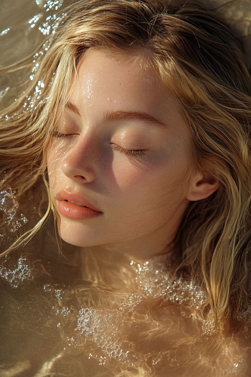 Visage eau cheveux mouille soleil oeil cil sourcil levre peau bulle reflet beaute naturel gros relaxation Une femme aux longs cheveux blonds ondulés flotte dans l'eau, possiblement dans une mer ou un océan. Elle regarde vers le haut avec les yeux fermés, et son visage est illuminé par la lumière du soleil. Ses cheveux sont mouillés et ont quelques gouttes d'eau dessus. L'eau autour d'elle est claire, et il y a de petites bulles dans l'eau. Le visage de la femme est légèrement incliné vers la droite, et ses lèvres sont légèrement ouvertes.