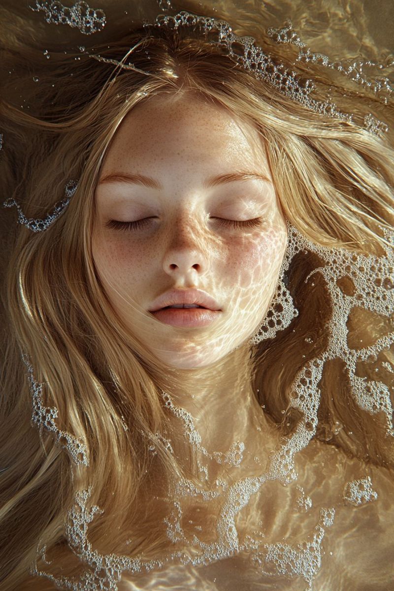 Visage eau cheveux bulles beaute sous reflet soleil yeux peau mouille gros naturel Une jeune femme aux longs cheveux blonds ondulés est immergée dans l'eau, son visage partiellement couvert de bulles. Elle a les yeux fermés et ses lèvres sont légèrement entrouvertes. Sa peau a un éclat naturel et hâlé, et des taches de rousseur sont dispersées sur son visage et ses épaules. L'eau autour d'elle est claire et reflète la lumière, créant un effet scintillant. L'image capture un moment serein et paisible, avec la femme apparaissant dans un état de relaxation ou de contemplation.