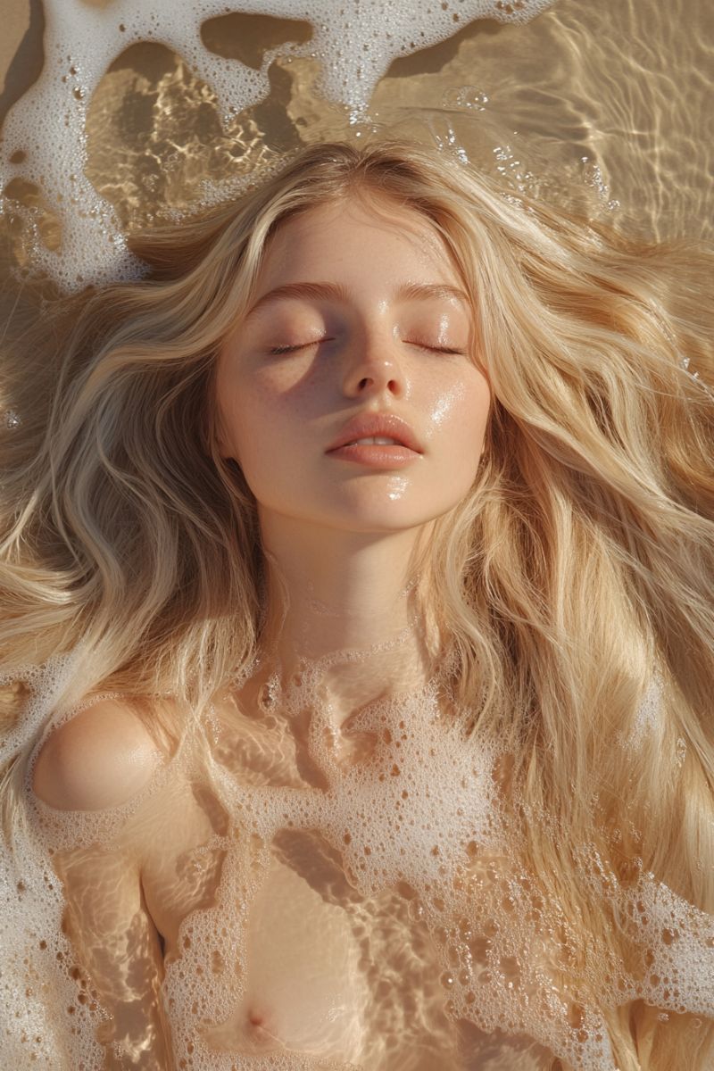Blonde cheveux eau visage mouille soleil relaxation beaute naturel peau propre fraiche nettoyage hydratation serein calme paisible rafraichissant Une femme aux longs cheveux blonds ondulés est allongée dans un plan d'eau, peut-être une mer ou un océan. Elle regarde vers le haut les yeux fermés, et ses cheveux flottent autour de son visage. Elle a un léger sourire sur le visage, et sa peau est légèrement humide. L'eau autour d'elle est claire, et il y a des bulles et de la mousse à la surface. La lumière se reflète sur sa peau et ses cheveux, créant un effet doux et rêveur.
