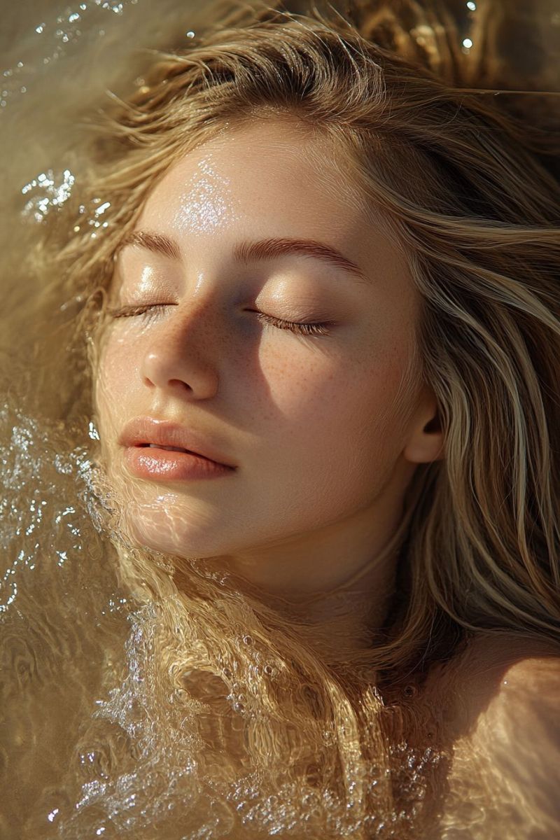 Eau soleil ensoleille rayons jour Une femme aux longs cheveux blonds ondulés flotte dans l'eau, peut-être dans un lac ou un océan. Ses cheveux sont mouillés et semblent légèrement ébouriffés. Elle regarde vers le haut les yeux fermés, suggérant un moment de relaxation ou de méditation. Son visage est partiellement éclairé par la lumière du soleil, créant une douce lueur sur sa peau. L'eau autour d'elle est claire, avec de petites bulles et des ondulations, indiquant un mouvement doux. La scène globale transmet un sentiment de tranquillité et de beauté naturelle.