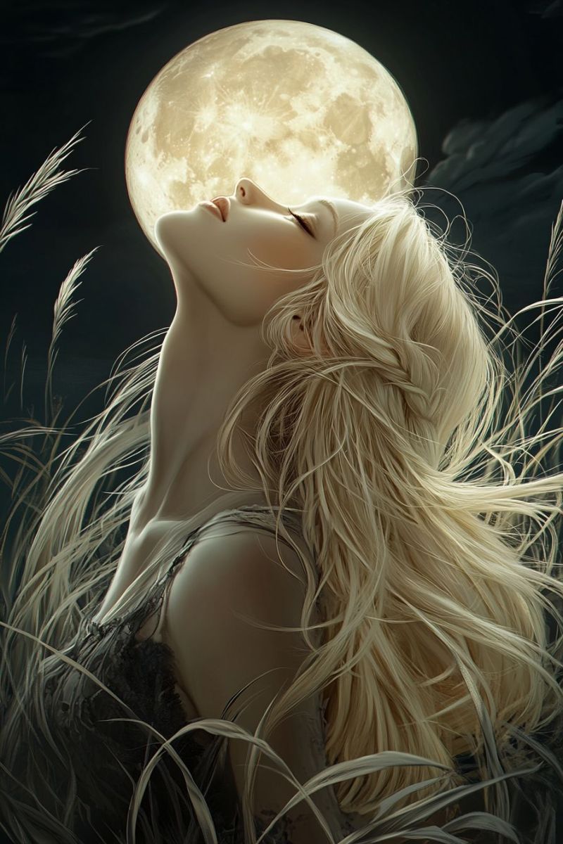 Lune femme nuit fantaisie beaute cheveux visage yeux ombre reve imagination inspiration citations inspirantes Une femme aux longs cheveux blonds ondulés est allongée sur le sol, les yeux fermés et la tête inclinée vers le haut. Elle semble contempler une pleine lune située au-dessus d'elle. La lune est brillante et éclairée, projetant une douce lueur sur la femme et les environs. La femme porte un débardeur et ses cheveux sont doucement balayés par la brise. L'arrière-plan est sombre, avec de l'herbe haute visible.