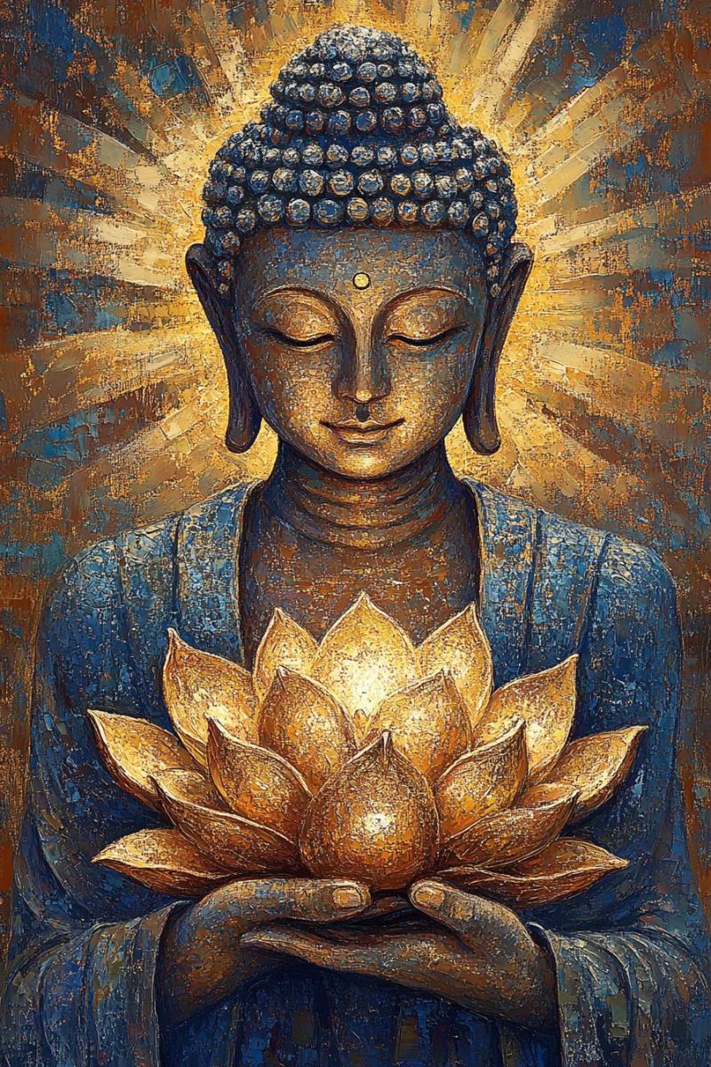 Buddha meditation peace enlightenment wisdom mindfulne spirituality calmne inner serenity zen A majestic artwork of a Buddha statue holding an illuminated lotus flower. The Buddha, exuding serenity and wisdom, is depicted in the center, its body radiating a warm glow that merges with the lotus. Behind it, a sunburst illuminates the scene, creating a halo effect around the deity's head. To the right of the Buddha stands a tall, vibrant lotus flower, also glowing. The background is a blend of warm colors, suggesting an otherworldly or divine setting. The overall composition and symbolism evoke themes of spirituality, enlightenment, and the interconnectedness of all things.