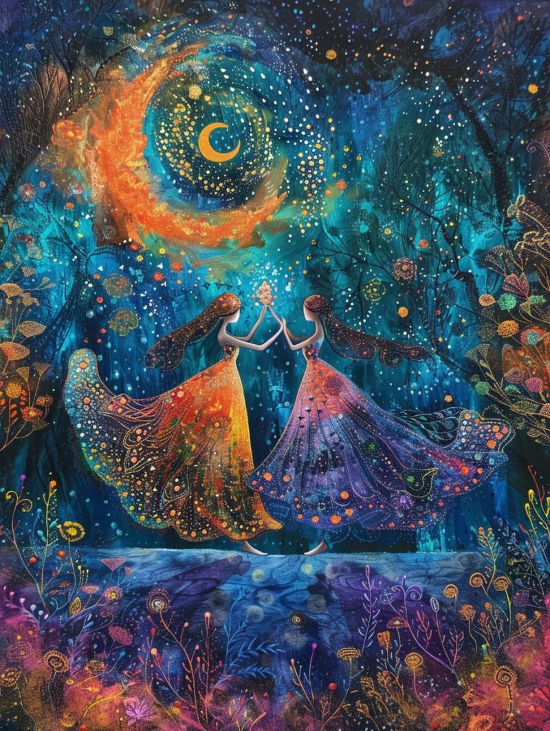 Fantasy female colorful starry night women dancing cosmic dreamy hand drawn graphic romantic mythical imagery The image you've shared appears to be a colorful illustration with a fantasy theme. It features two characters, one of which is wearing a dress with flowing fabric and the other in a more casual outfit. They seem to be dancing or embracing each other amidst a cosmic backdrop that includes stars, nebulae, and what looks like a galaxy, suggesting an extraterrestrial setting. The artwork has a dreamy quality with vibrant colors and intricate detailing, which gives it a magical and whimsical feel.