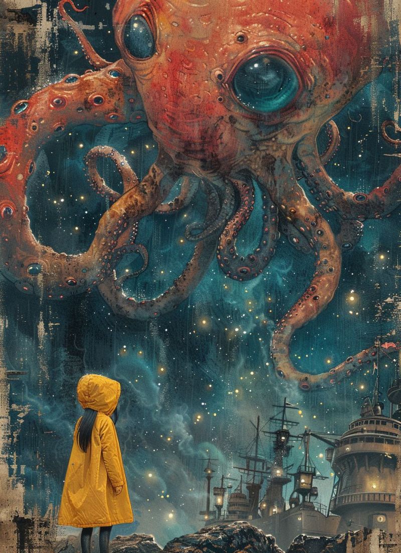 Up cthulhu girl yellow raincoat standing accurate picture amazing demonstrating the mischiefs wild of human activities on la up cthulhu girl yellow raincoat standing