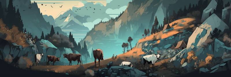 Nature terrien semi pereuse faune pastorale animaux sentier randonnee foret environnement calme scène de paysage. Les principales caractéristiques sont : 1. Une vallée montagneuse avec des pentes rocheuses abruptes et des zones herbeuses sur les basses altitudes. 2. Un fleuve ou un ruisseau qui coupe à travers la vue en avant-plan. 3. Un champ ouvert rempli de verdure, où plusieurs troupeaux d'animaux, dont ce qu'il semble être des vaches, se nourrissent. Les animaux ont une stylisation cartonnée. 4. Un ciel bleu clair visible au-dessus de la scène, suggérant un jour calme et clair. 5. Une faible représentation de l'arbre sur le côté gauche du fond. 6. Une petite troupe de oiseaux volant à l'opposé du champ. 7. Le palette de couleurs est composée de verts, de bruns, de bleus et de blancs, ce qui donne un environnement paisible et naturel. 8. La style évoque les paysages classiques de la fantasy trouvés dans les jeux vidéo ou la littérature. 9. Il n'y a aucune texte visible à l'intérieur de l'image.